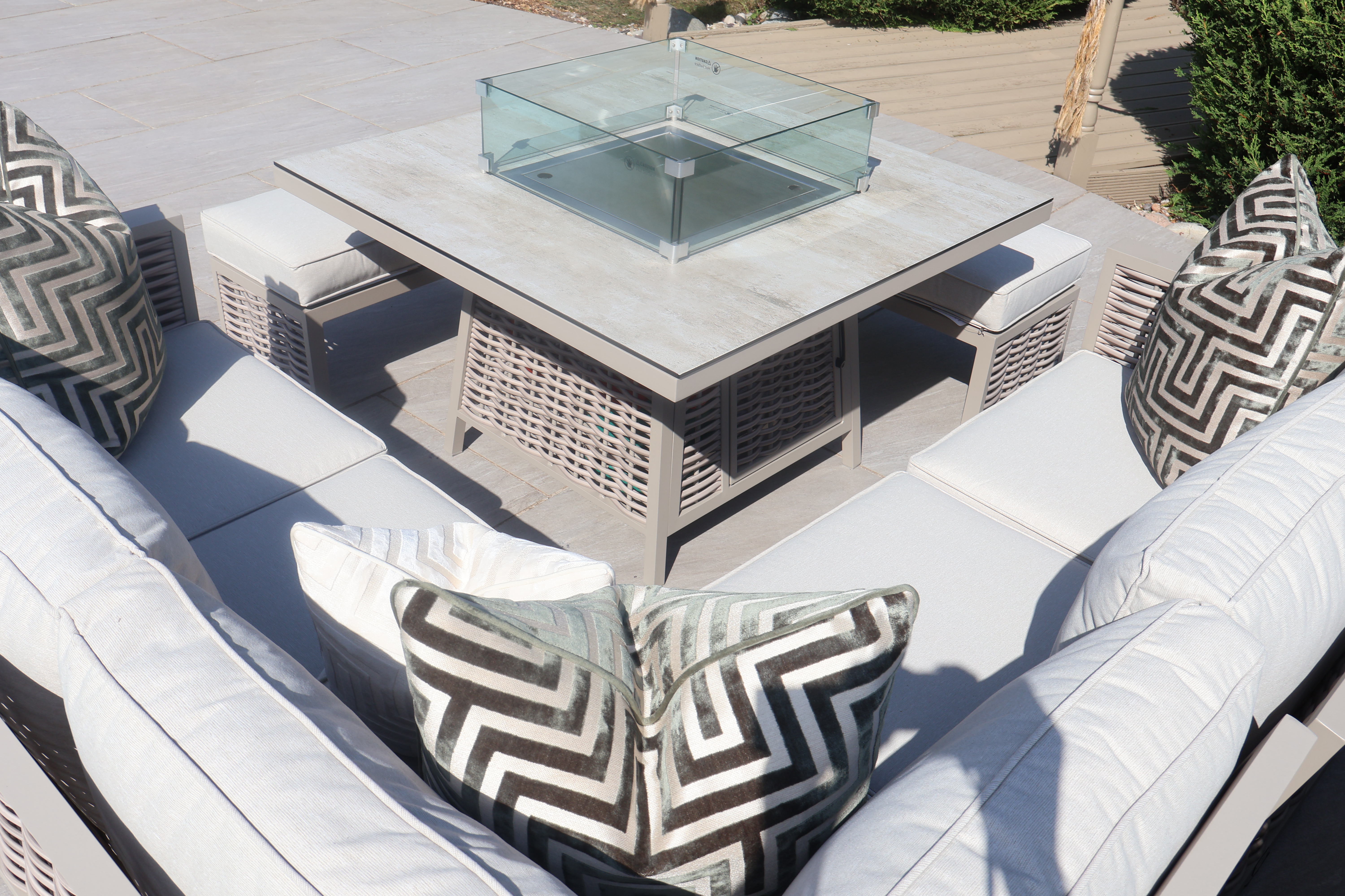 Chimes - Monaco Aluminium Compact Corner Dining Set with Firepit Table - Rope Weave - Cream